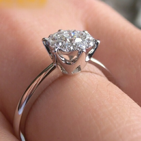 Floral Diamond Cluster Silver Solitaire Ring - Picture 2 of 6